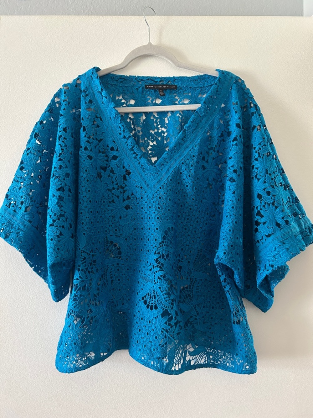 White House Black Market Teal Crochet V-Neck Tunic